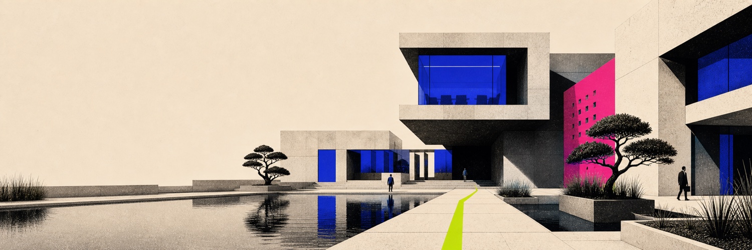 Editorial illustration of a boxy concrete consulting campus with cobalt meeting rooms, a pink architectural wall, a reflecting pool, and a lime pathway