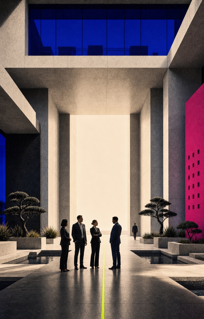 A finished concrete corporate oasis with an internal team standing together as one consultant walks toward a luminous exit